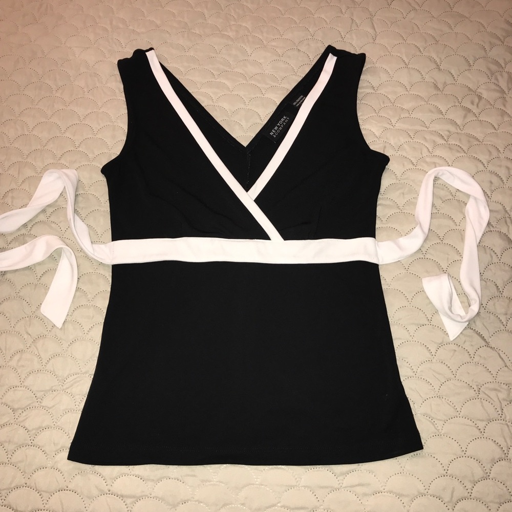 Black Tank Top Blouse w/ White Wrap-around Tie, XS